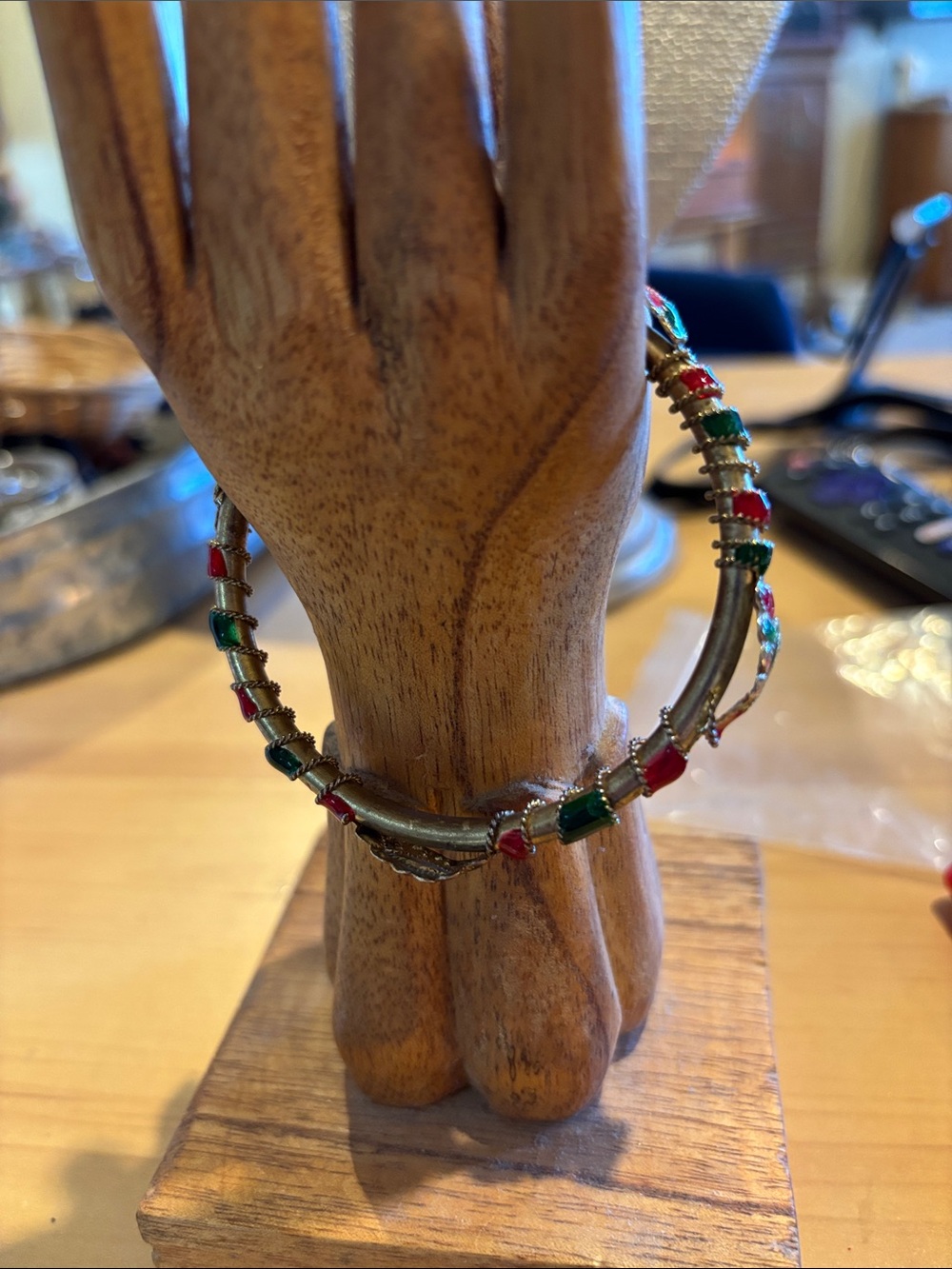 Gold Hoops with Red and Green Bead Accents - Women's Bracelet